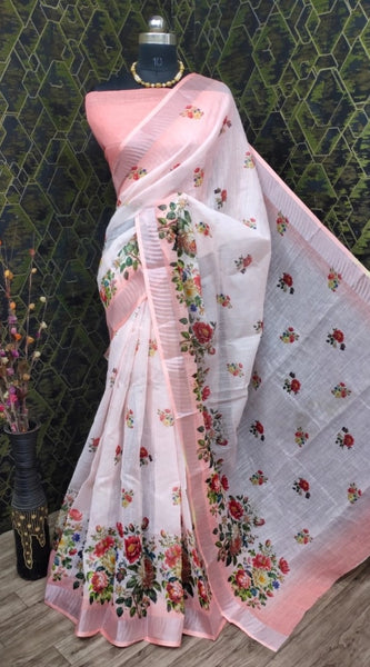 Mayawye Women's Cotton Linen Woven Design Saree With Unstitched Blouse 5.5Mtr (Peach)