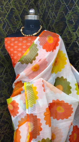 Mayawye Women's Cotton Linen Woven Design Saree With Unstitched Blouse 5.5Mtr (Orange)