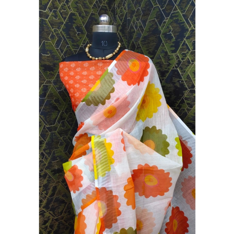 Mayawye Women's Cotton Linen Woven Design Saree With Unstitched Blouse 5.5Mtr (Orange)