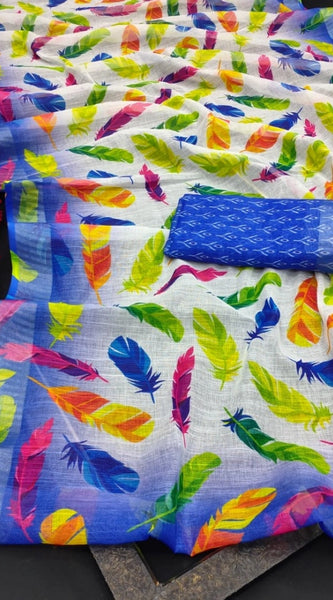 Mayawye Women's Cotton Linen Woven Design Saree With Unstitched Blouse 5.5Mtr (Blue)