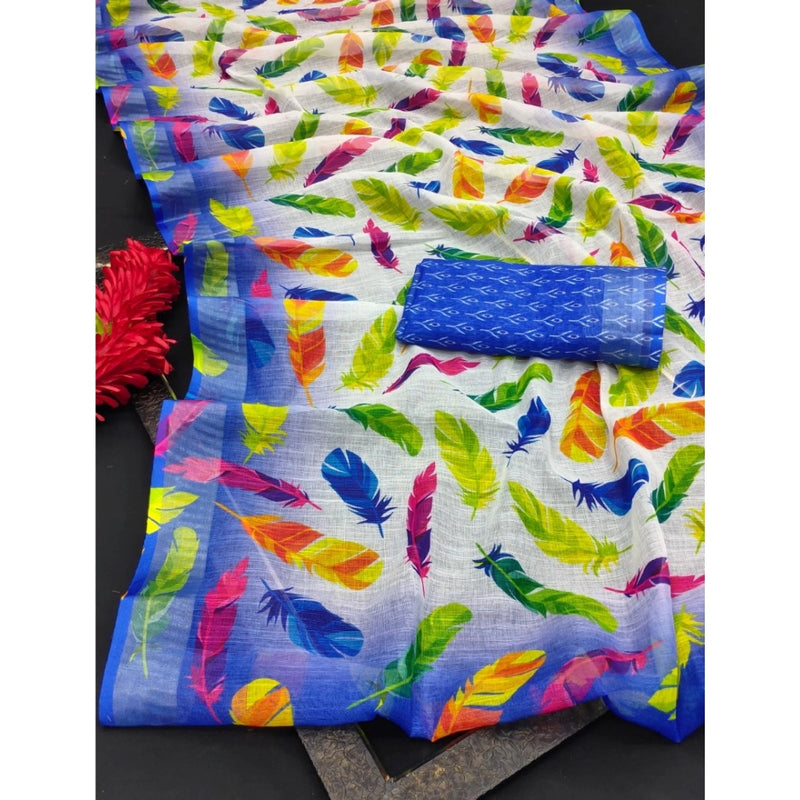Mayawye Women's Cotton Linen Woven Design Saree With Unstitched Blouse 5.5Mtr (Blue)