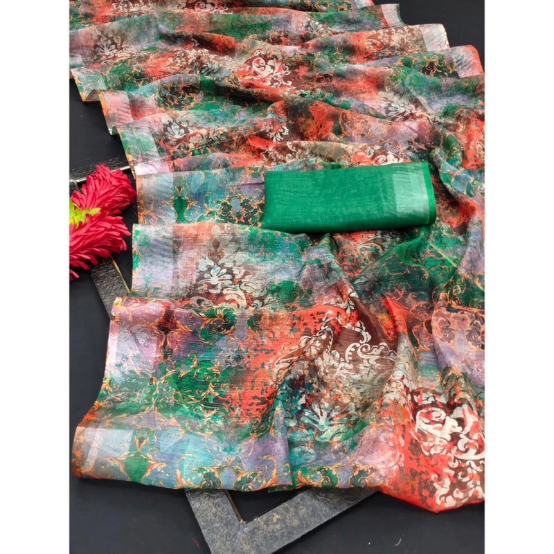 Mayawye Women's Cotton Linen Woven Design Saree With Unstitched Blouse 5.5Mtr (Green)