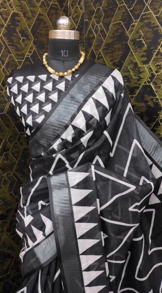 Mayawye Women's Cotton Linen Woven Design Saree With Unstitched Blouse 5.5Mtr (Black)