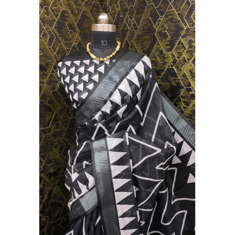 Mayawye Women's Cotton Linen Woven Design Saree With Unstitched Blouse 5.5Mtr (Black)