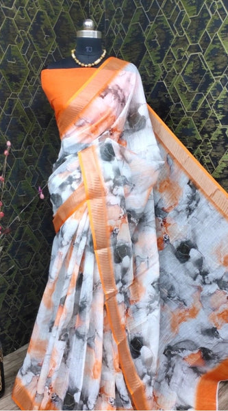 Mayawye Women's Cotton Linen Woven Design Saree With Unstitched Blouse 5.5Mtr (Orange)