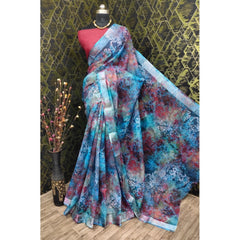 Mayawye Women's Cotton Linen Woven Design Saree With Unstitched Blouse 5.5Mtr (Blue)