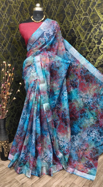 Mayawye Women's Cotton Linen Woven Design Saree With Unstitched Blouse 5.5Mtr (Blue)