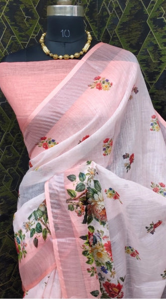 Mayawye Women's Cotton Linen Woven Design Saree With Unstitched Blouse 5.5Mtr (Peach)