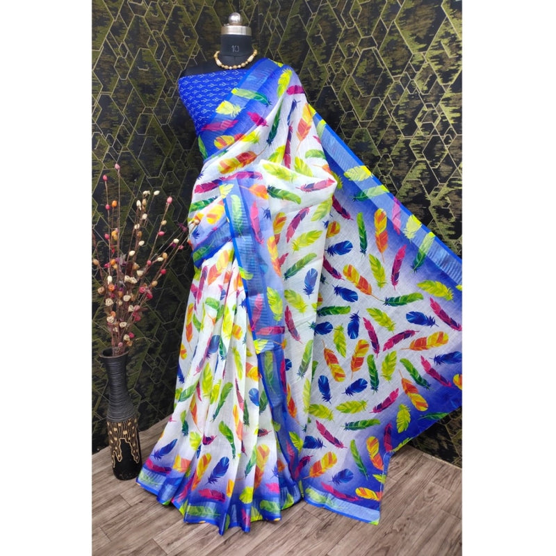 Mayawye Women's Cotton Linen Woven Design Saree With Unstitched Blouse 5.5Mtr (Blue)