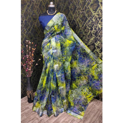 Mayawye Women's Cotton Linen Woven Design Saree With Unstitched Blouse 5.5Mtr (Blue)