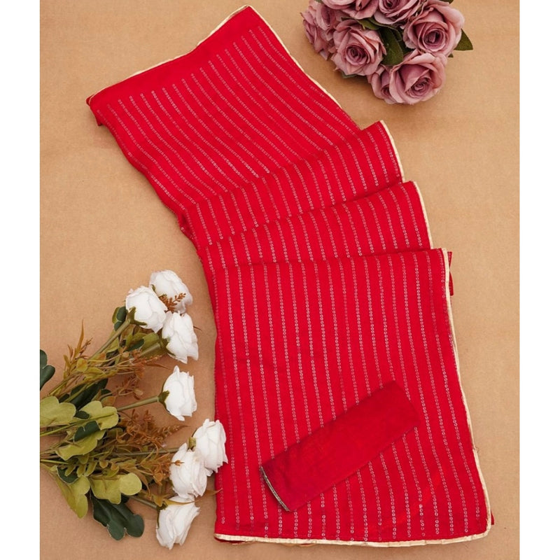 Mayawye Women's Vichitra Silk Striped Saree With Unstitched Blouse 5.5Mtr (Red)