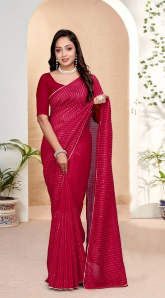 Mayawye Women's Vichitra Silk Striped Saree With Unstitched Blouse 5.5Mtr (Pink)
