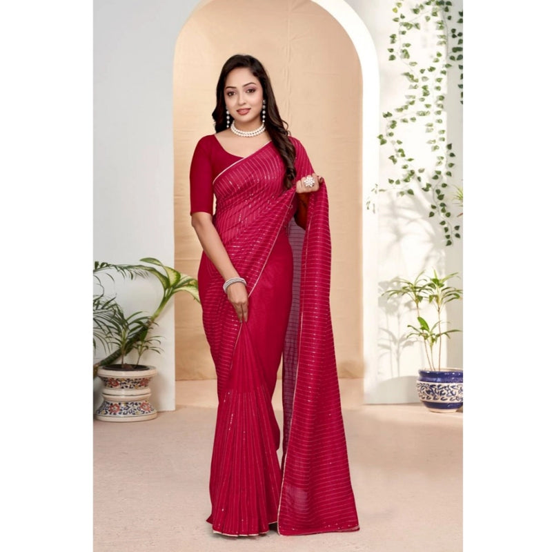 Mayawye Women's Vichitra Silk Striped Saree With Unstitched Blouse 5.5Mtr (Pink)