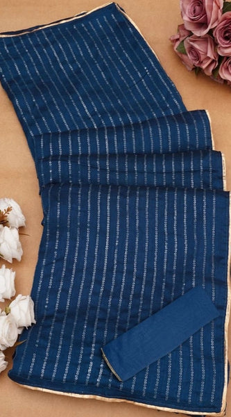 Mayawye Women's Vichitra Silk Striped Saree With Unstitched Blouse 5.5Mtr (Blue)