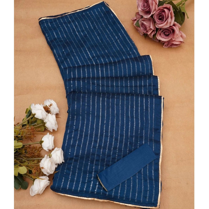 Mayawye Women's Vichitra Silk Striped Saree With Unstitched Blouse 5.5Mtr (Blue)