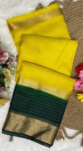 Mayawye Women's Khadi Cotton  Solid Saree With Unstitched Blouse 5.5Mtr (Yellow)