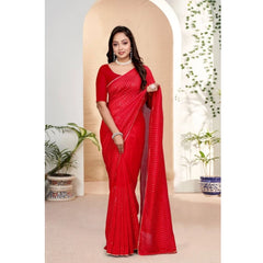 Mayawye Women's Vichitra Silk Striped Saree With Unstitched Blouse 5.5Mtr (Red)