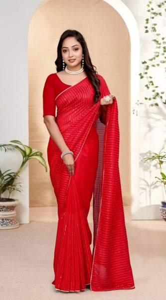 Mayawye Women's Vichitra Silk Striped Saree With Unstitched Blouse 5.5Mtr (Red)