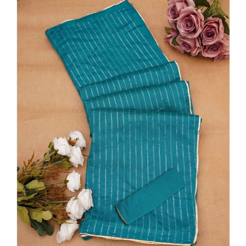Mayawye Women's Vichitra Silk Striped Saree With Unstitched Blouse 5.5Mtr (Sky Blue)
