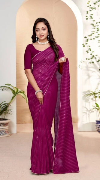 Mayawye Women's Vichitra Silk Striped Saree With Unstitched Blouse 5.5Mtr (Purple)