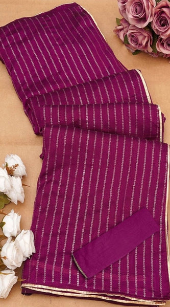 Mayawye Women's Vichitra Silk Striped Saree With Unstitched Blouse 5.5Mtr (Purple)