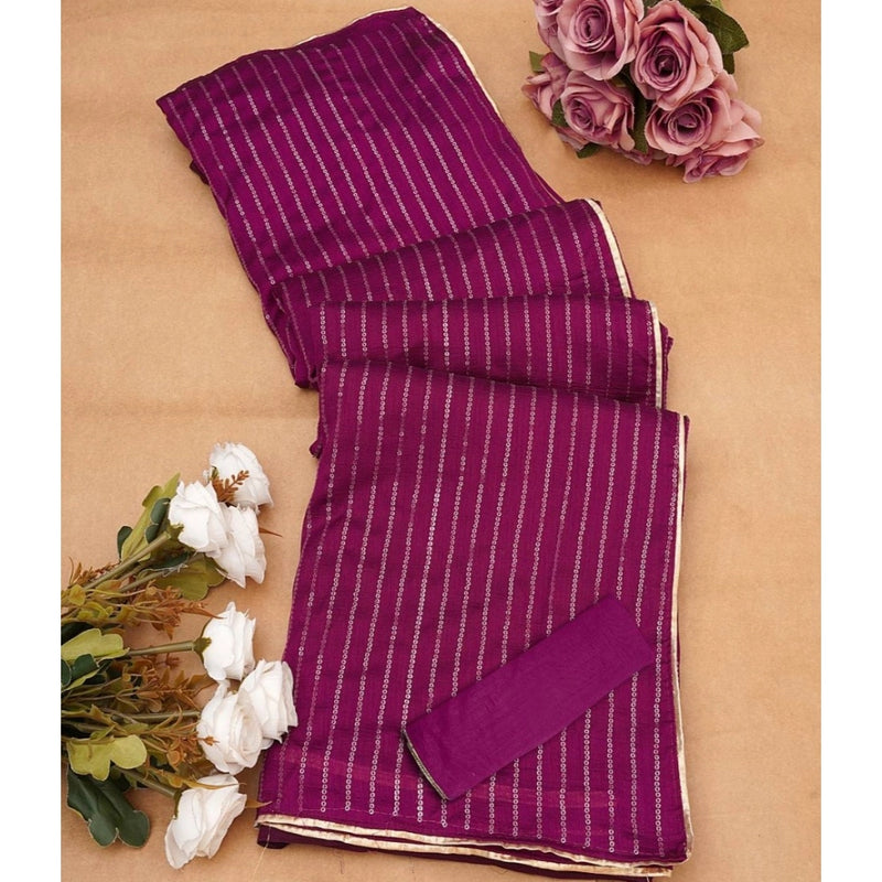 Mayawye Women's Vichitra Silk Striped Saree With Unstitched Blouse 5.5Mtr (Purple)