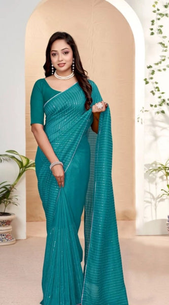 Mayawye Women's Vichitra Silk Striped Saree With Unstitched Blouse 5.5Mtr (Sky Blue)