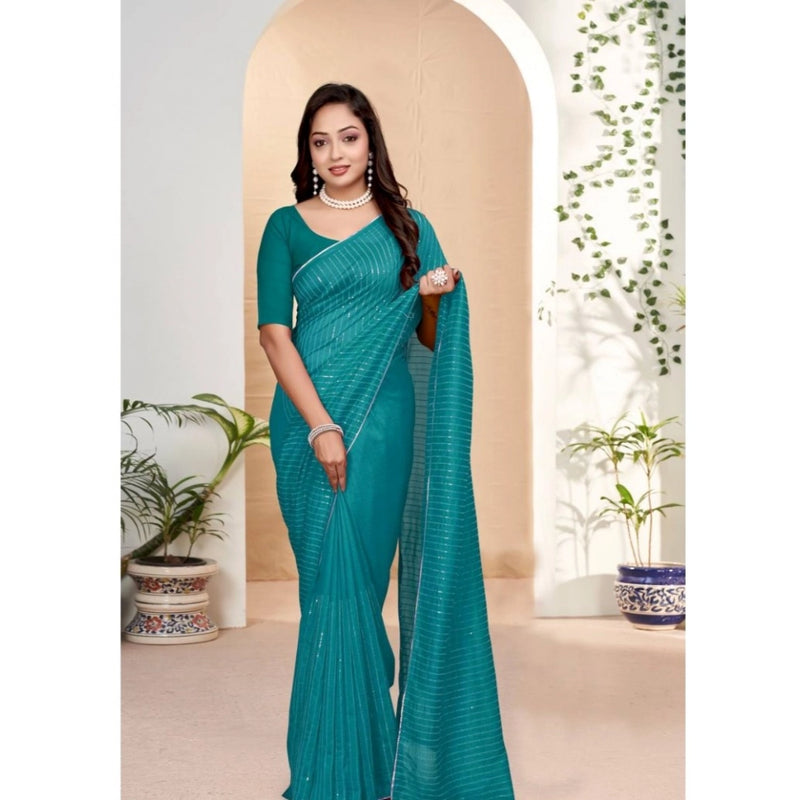 Mayawye Women's Vichitra Silk Striped Saree With Unstitched Blouse 5.5Mtr (Sky Blue)