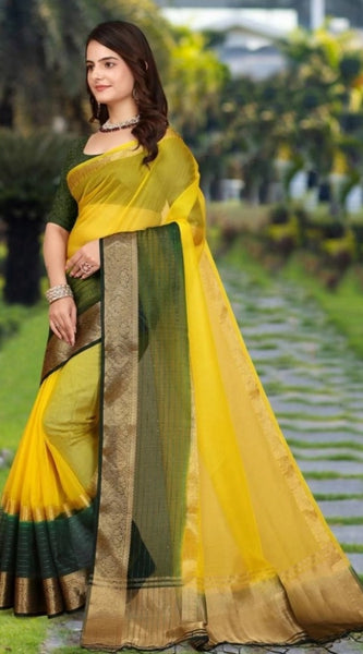 Mayawye Women's Khadi Cotton  Solid Saree With Unstitched Blouse 5.5Mtr (Yellow)