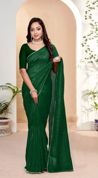 Mayawye Women's Vichitra Silk Striped Saree With Unstitched Blouse 5.5Mtr (Green)