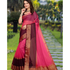 Mayawye Women's Khadi Cotton  Solid Saree With Unstitched Blouse 5.5Mtr (Pink)