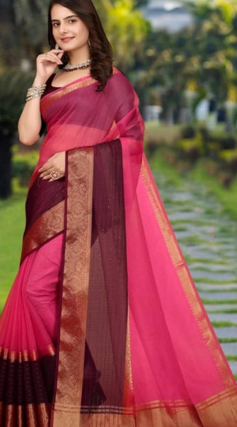 Mayawye Women's Khadi Cotton  Solid Saree With Unstitched Blouse 5.5Mtr (Pink)