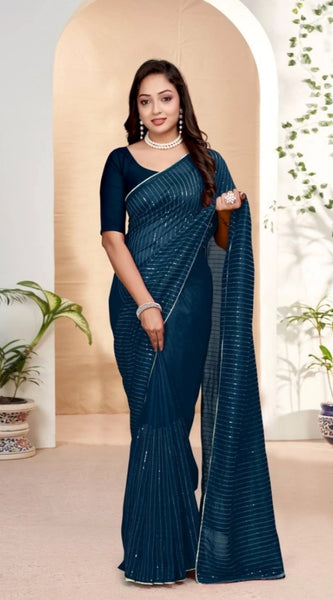 Mayawye Women's Vichitra Silk Striped Saree With Unstitched Blouse 5.5Mtr (Blue)