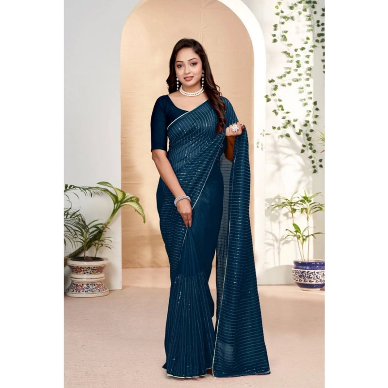 Mayawye Women's Vichitra Silk Striped Saree With Unstitched Blouse 5.5Mtr (Blue)