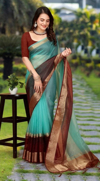 Mayawye Women's Khadi Cotton  Solid Saree With Unstitched Blouse 5.5Mtr (Sky Blue)