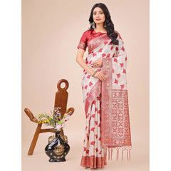 Mayawye Women's Linen Cotton Printed Saree With Unstitched Blouse 5.5Mtr (Red)