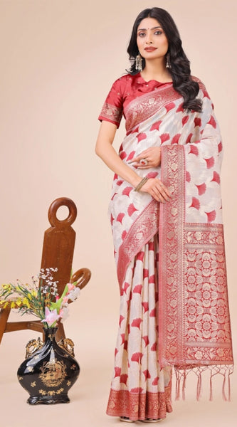 Mayawye Women's Linen Cotton Printed Saree With Unstitched Blouse 5.5Mtr (Red)