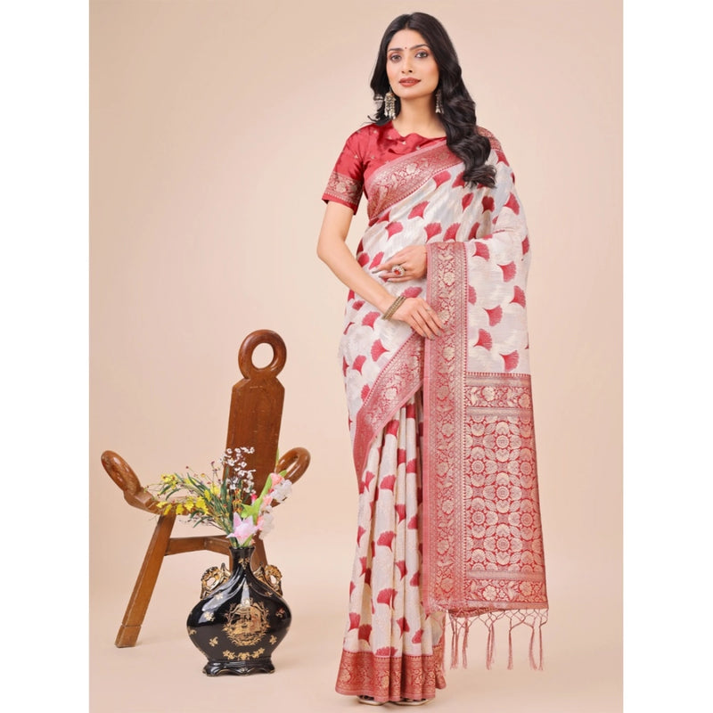 Mayawye Women's Linen Cotton Printed Saree With Unstitched Blouse 5.5Mtr (Red)