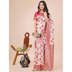 Mayawye Women's Linen Cotton Printed Saree With Unstitched Blouse 5.5Mtr (Maroon)