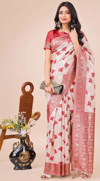 Mayawye Women's Linen Cotton Printed Saree With Unstitched Blouse 5.5Mtr (Maroon)
