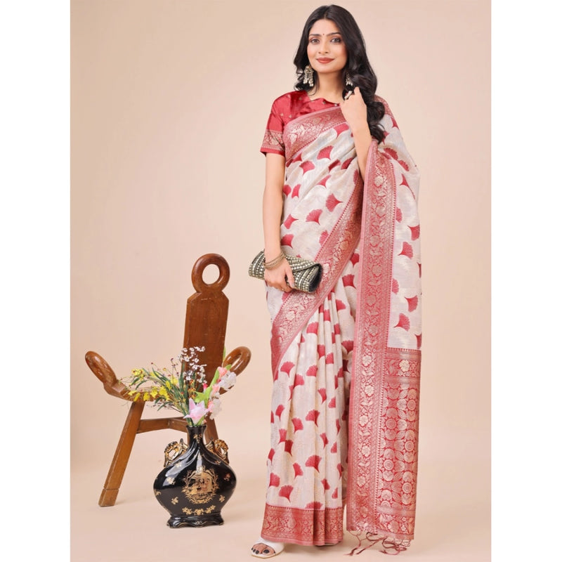 Mayawye Women's Linen Cotton Printed Saree With Unstitched Blouse 5.5Mtr (Maroon)