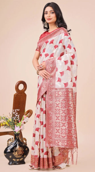 Mayawye Women's Linen Cotton Printed Saree With Unstitched Blouse 5.5Mtr (Maroon)