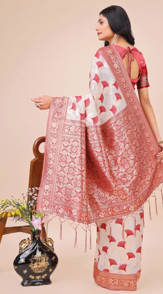 Mayawye Women's Linen Cotton Printed Saree With Unstitched Blouse 5.5Mtr (Maroon)