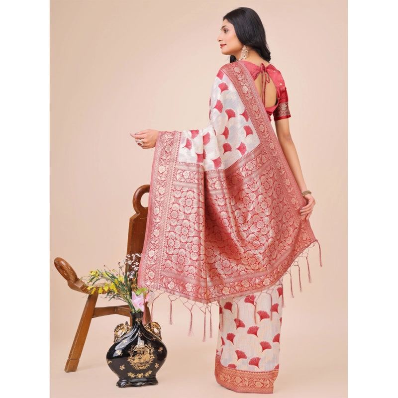 Mayawye Women's Linen Cotton Printed Saree With Unstitched Blouse 5.5Mtr (Maroon)