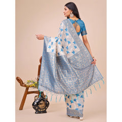 Mayawye Women's Linen Cotton Printed Saree With Unstitched Blouse 5.5Mtr (Sky Blue)