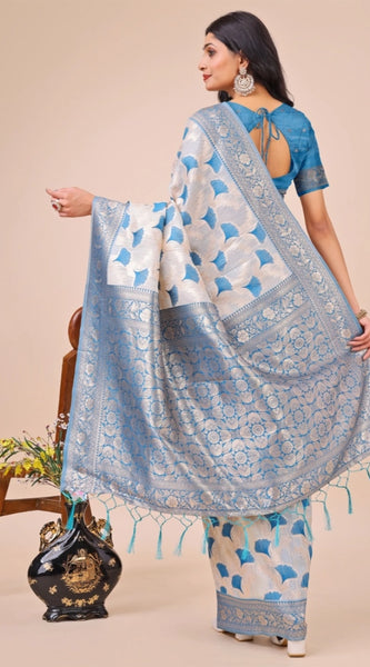 Mayawye Women's Linen Cotton Printed Saree With Unstitched Blouse 5.5Mtr (Sky Blue)