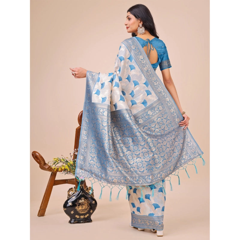 Mayawye Women's Linen Cotton Printed Saree With Unstitched Blouse 5.5Mtr (Sky Blue)