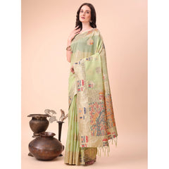Mayawye Women's Linen Cotton Printed Saree With Unstitched Blouse 5.5Mtr (Light Green)
