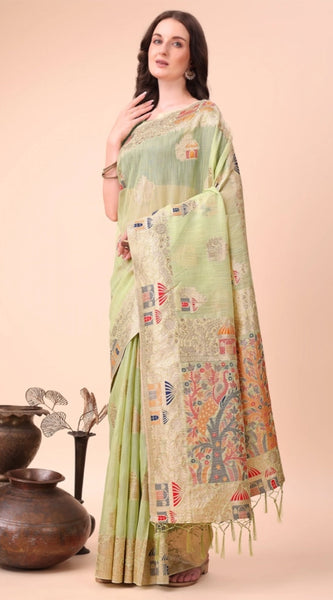Mayawye Women's Linen Cotton Printed Saree With Unstitched Blouse 5.5Mtr (Light Green)