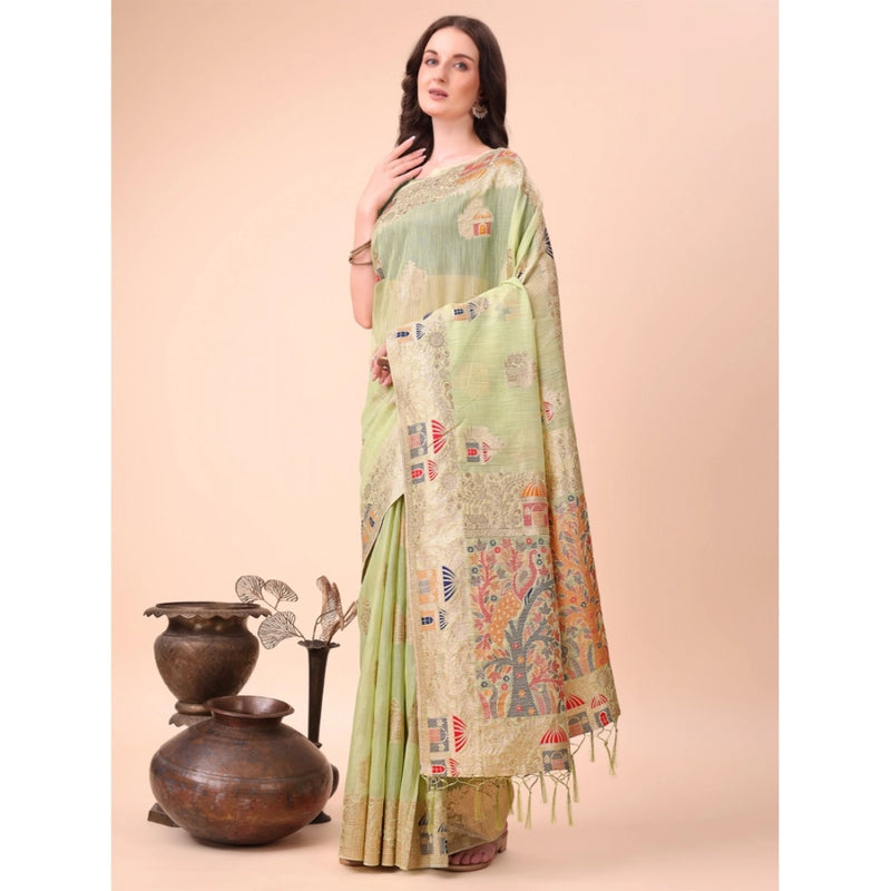 Mayawye Women's Linen Cotton Printed Saree With Unstitched Blouse 5.5Mtr (Light Green)